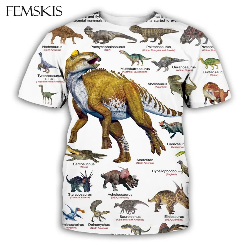 FEMSKIS За мъже и жени, Скъпа лятна модна тениска с творчески модел на динозавър, 3D принт по цялото тяло, градинска дрехи с къс ръкав и кръгло деколте, топ