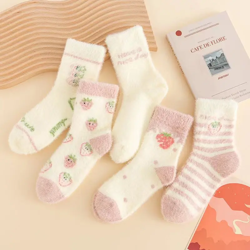 5 чифта чорапи от норка, детски чорапи-тръбички с дрямка и дебели, пухкави дамски чорапи от розов кожа