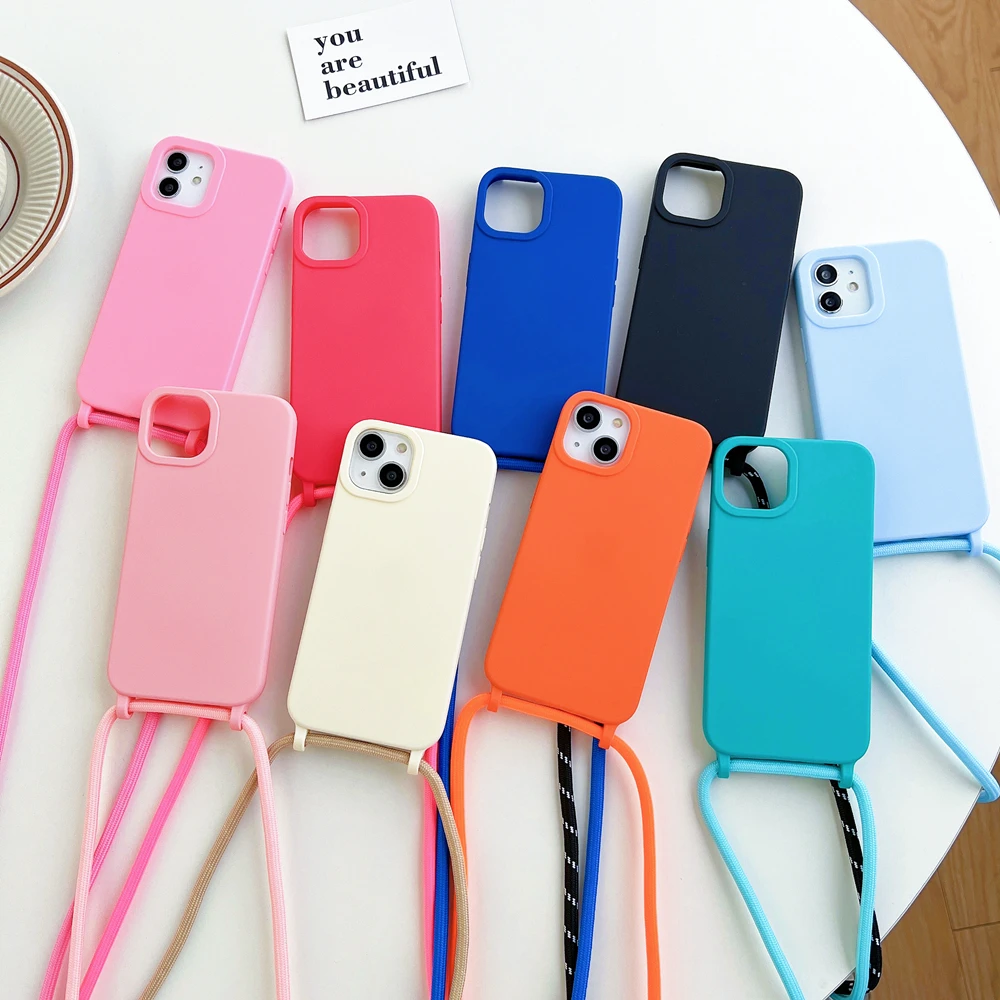 Колие през рамо силиконов калъф за телефон iPhone 15 14 13 12 11 Pro Max, модерен каишка-верига, кабел, мек калъф ярки цветове