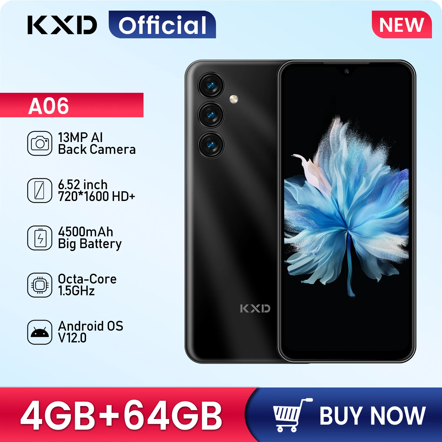 KXD A06 4G Смартфон с две SIM-карти, 4 GB RAM, 64 GB ROM, 6,52 Инча, Android 12, Мобилен Телефон, Евтин Мобилен Телефон, 4500 mah, 13 MP, 10 W, Такса