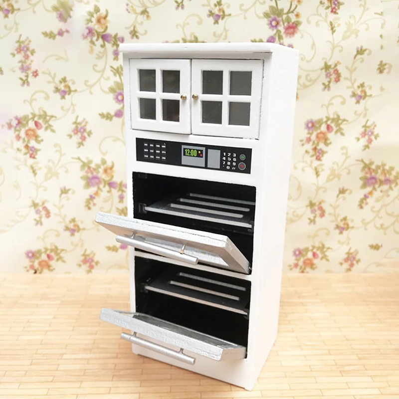Малък шкаф за куклена къща в мащаб 1/12 с микровълнова печка, Мебелни комплекти за куклена къща, кухненски принадлежности за ролева игра, за да проверите за печене