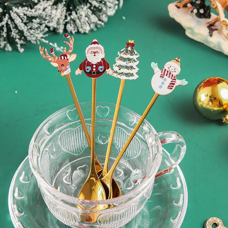 Коледна Серия от 304 Неръждаема Стомана Златни Съдове Лъжичка За Разбъркване на Кафе Десерт Лъжица Плодови Вилица, Определени Подарък Кутии от 4 части