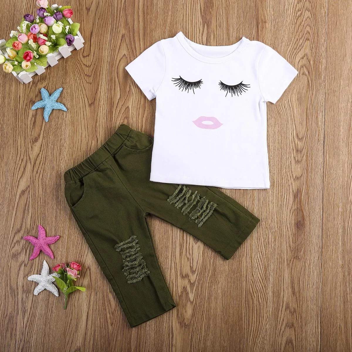 Мода за 2021 г. За новородени момичета, Памук Пуловер с шарките на миглите, Къс ръкав, Бяла риза, Потници, Зелени панталони, Летни дрехи от 2 теми