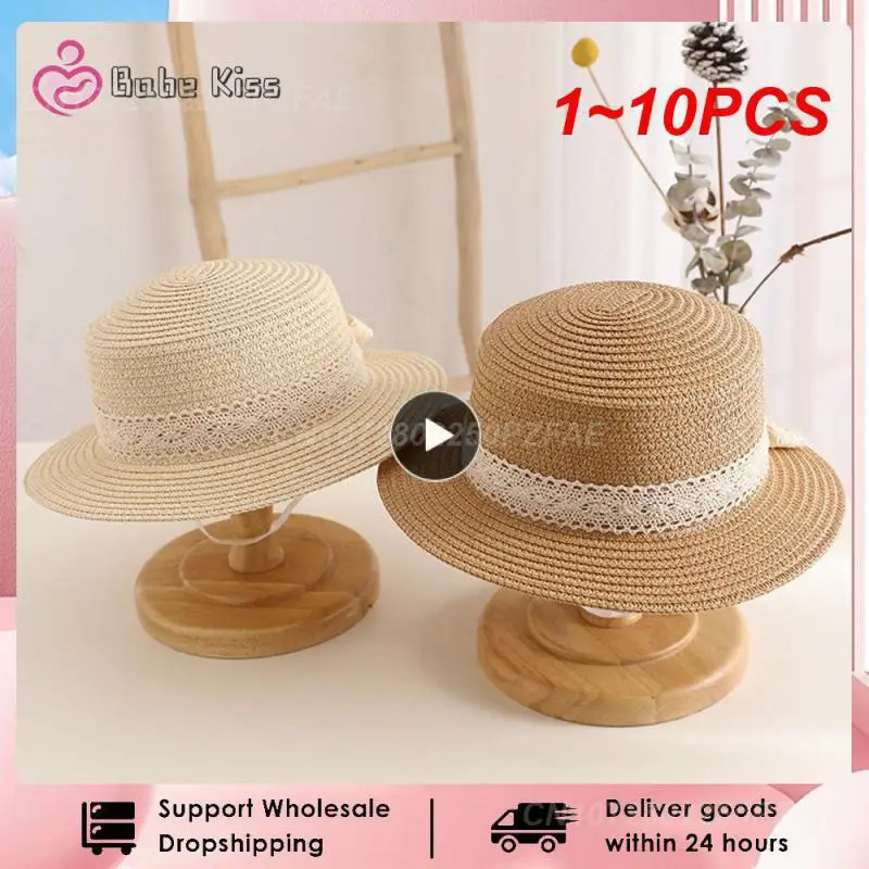 1 ~ 10ШТ Голяма детска сламена шапка с лък, горещи модели, плажна шапка за малки момичета, куха лейси шапка от слънцето ръчно изработени