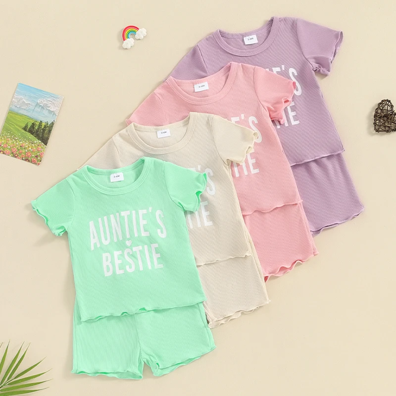 Комплект шорти за новородени момичета Pudcoco, тениска с къс ръкав и писмото принтом, панталони с еластичен ластик на талията, летен комплект от 2 теми от 3 до 24 м