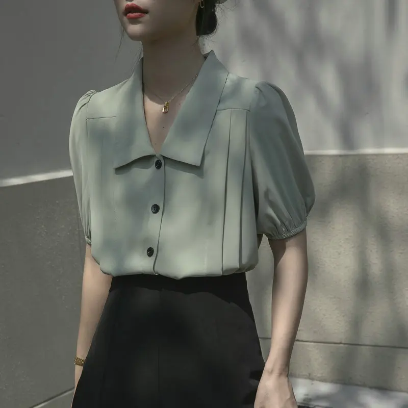 Пролетно нестандартен, френска мода, гънки, темперамент, Тънка елегантна универсална женска риза с пищни ръкави, топ Z273