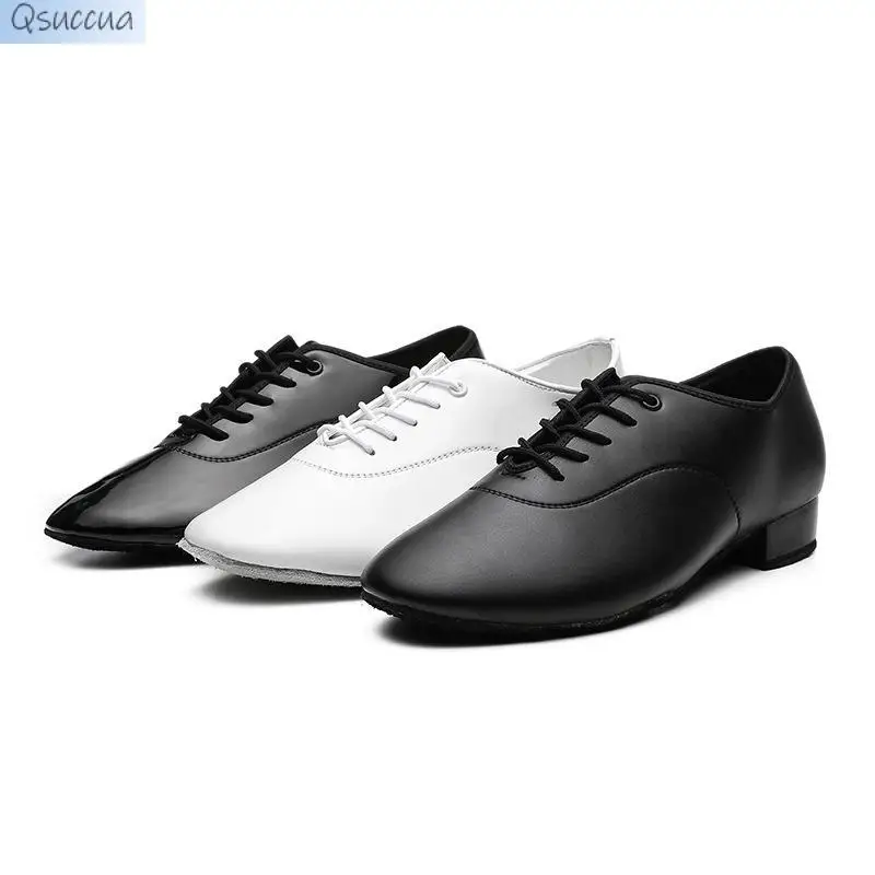 Мъжки модерни танцови обувки за възрастни, обувки за валс, ярки кожени обувки на нисък ток, черно-бели