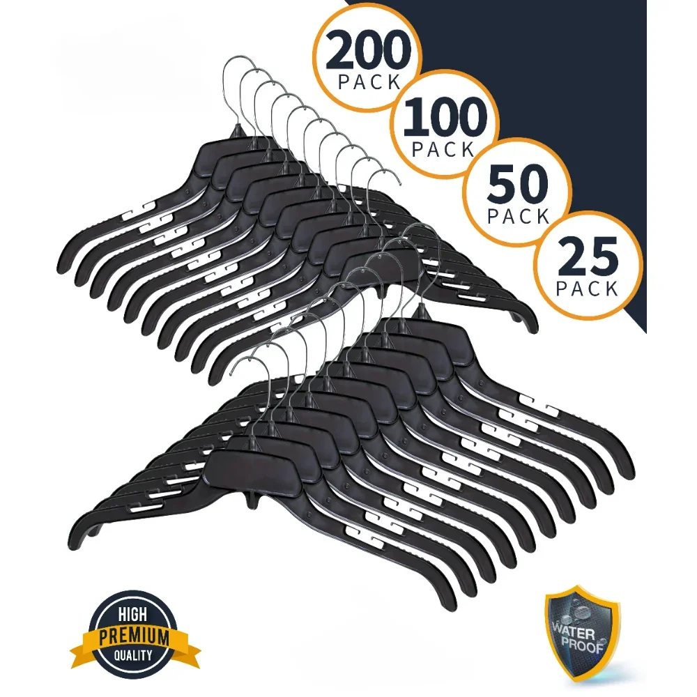 Трайни пластмасови закачалки за дрехи с въртящи се метални куки, 17 инча, 200 бр., черен