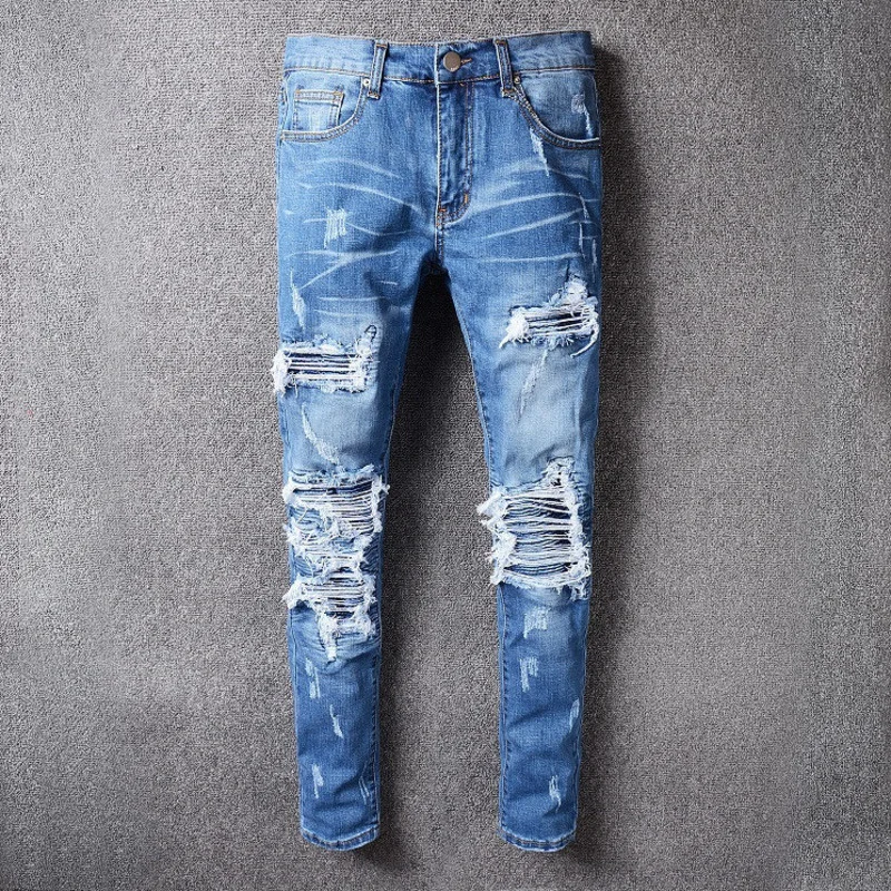 Байкерские дънки Homme Marque De Luxe High Street Skinny Jeans Мъжки Тенденция Сини Скъсаните Джинси С дупки Spijkerbroeken Heren