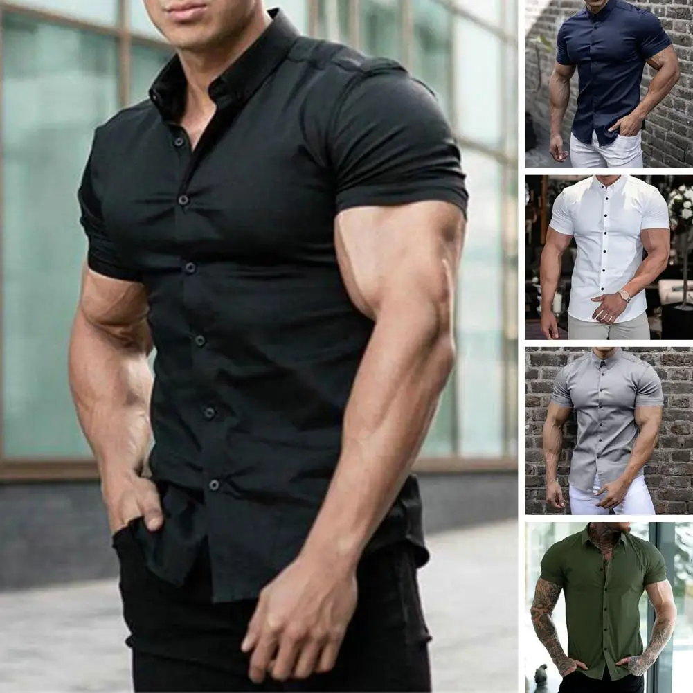 Мъжка лятна риза с ревери, блузи с къс ръкав, однобортная однотонная облегающая бизнес риза със защита от бръчки, работно облекло