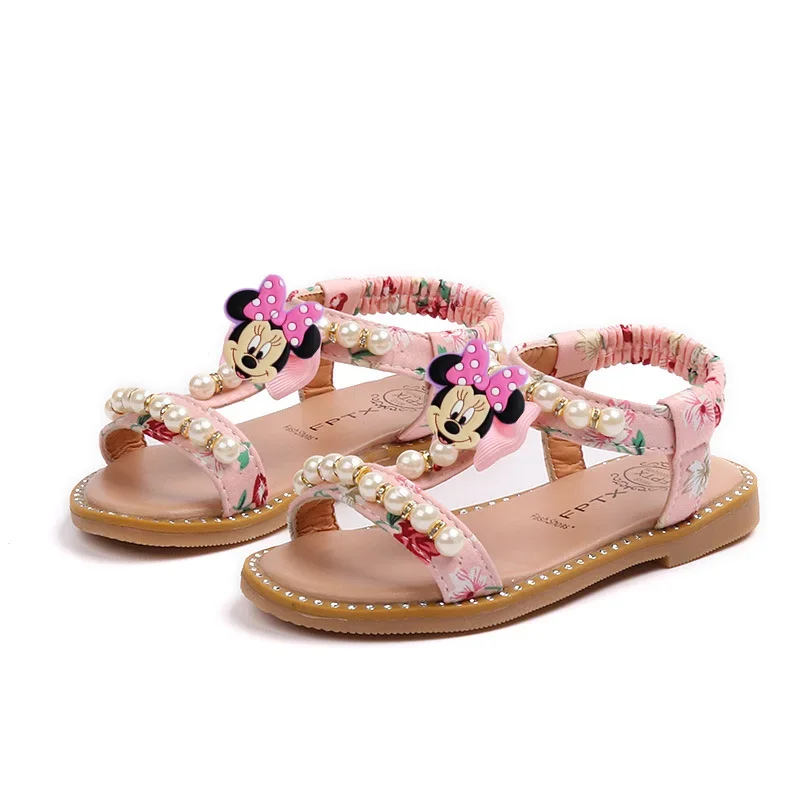 Нови летни детски сандали Disney Mickey Mouse Minnie 2022 за момичета с отворени пръсти, перлени обувки на принцесата, детски чехли