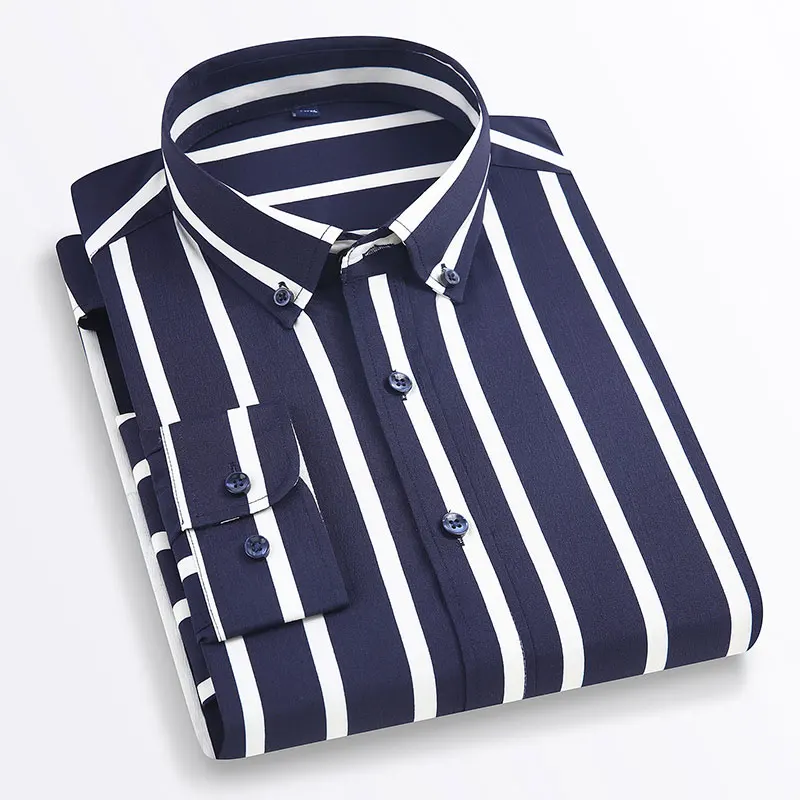 Модни нови мъжки ризи на райета с дълъг ръкав, стрейчевые, копчета, в бизнес клетка, елегантни и ежедневни риза в малка клетка, не желязо