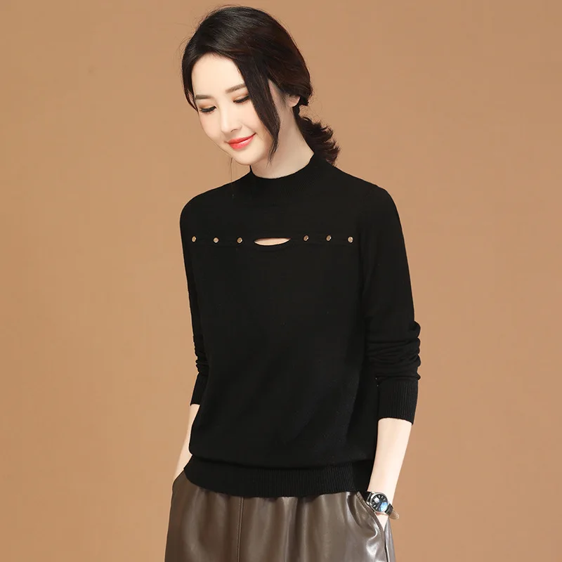 Полуподволоска дамски 2023, есенно-зимния нов корейски основен пуловер, черен