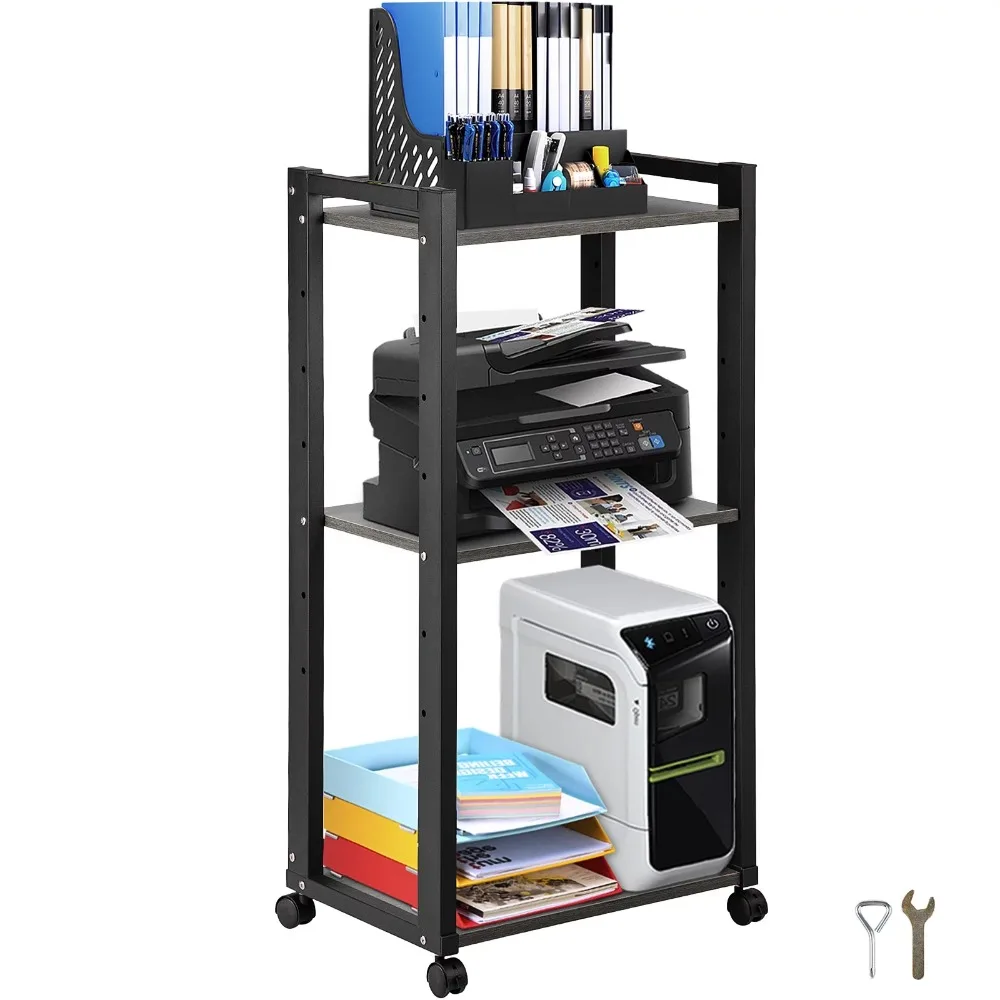 Стойка за принтер VEVOR, 3-слойная стойка за мобилен принтер, регулируем запирающаяся стойка за съхранение на колелата, черен