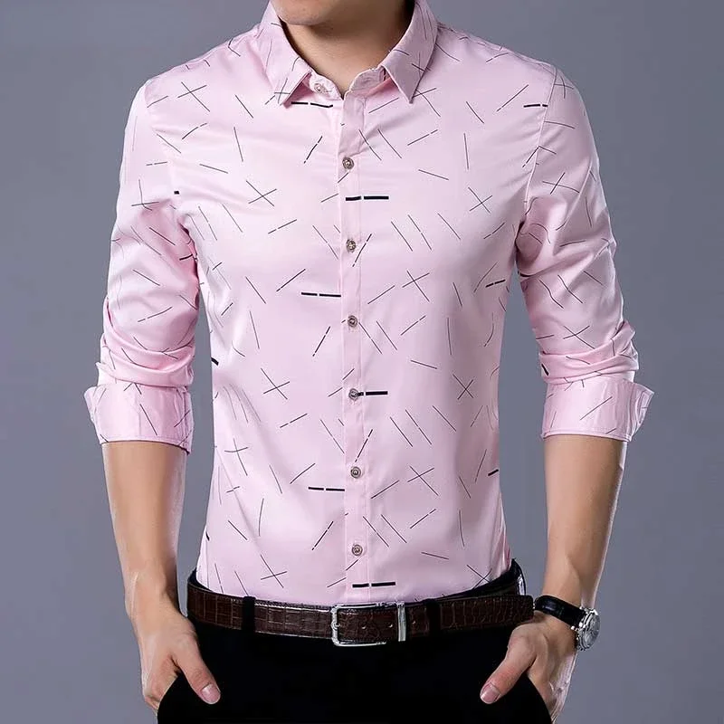 Мъжки модни риза с геометричен принтом 2022, пролетно новост, приталенная риза с дълъг ръкав, бизнес и ежедневни Сватбена розова