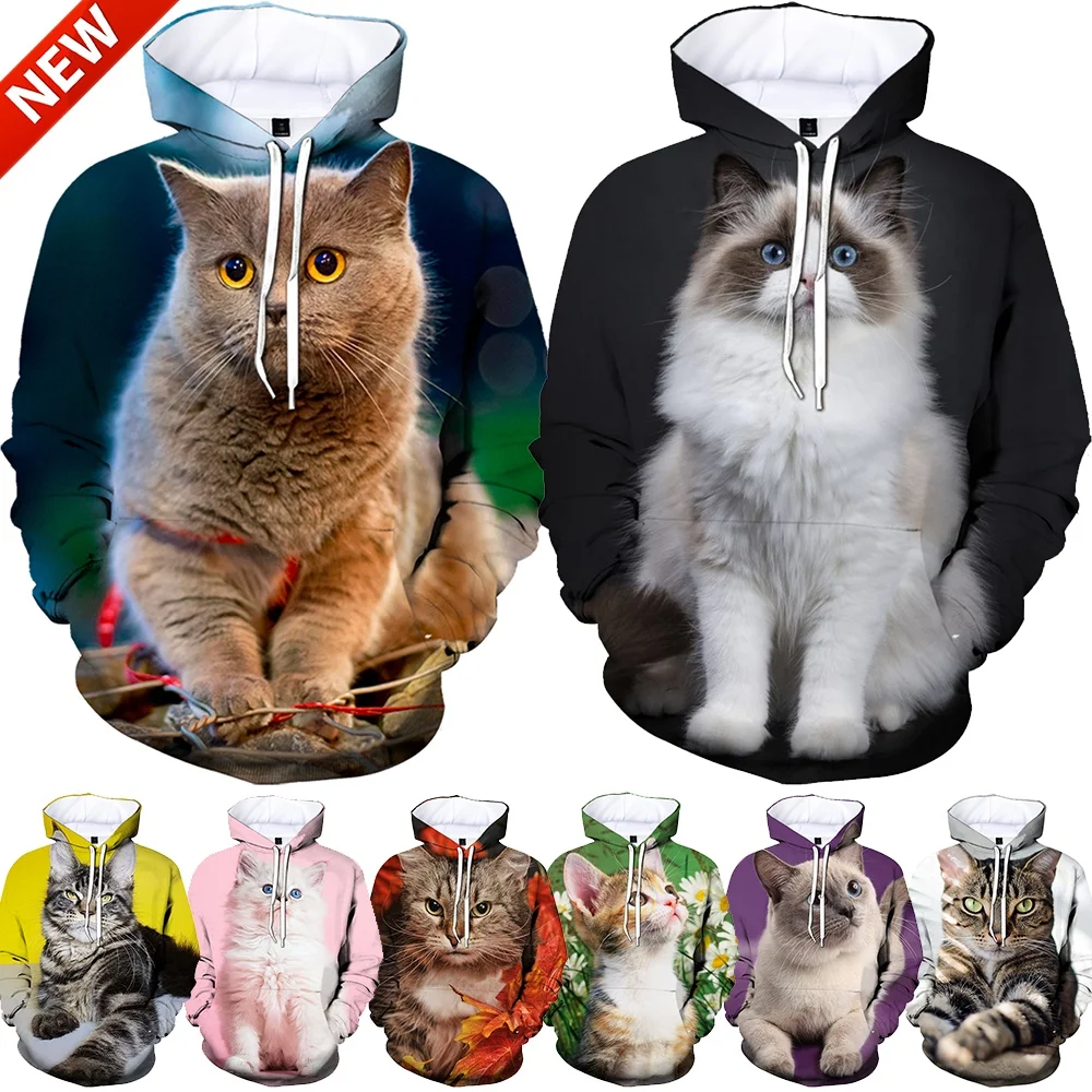Стръмни блузи с качулка с 3D принтом котка, мъжки/дамски блузи с хипстерскими котки, пуловери