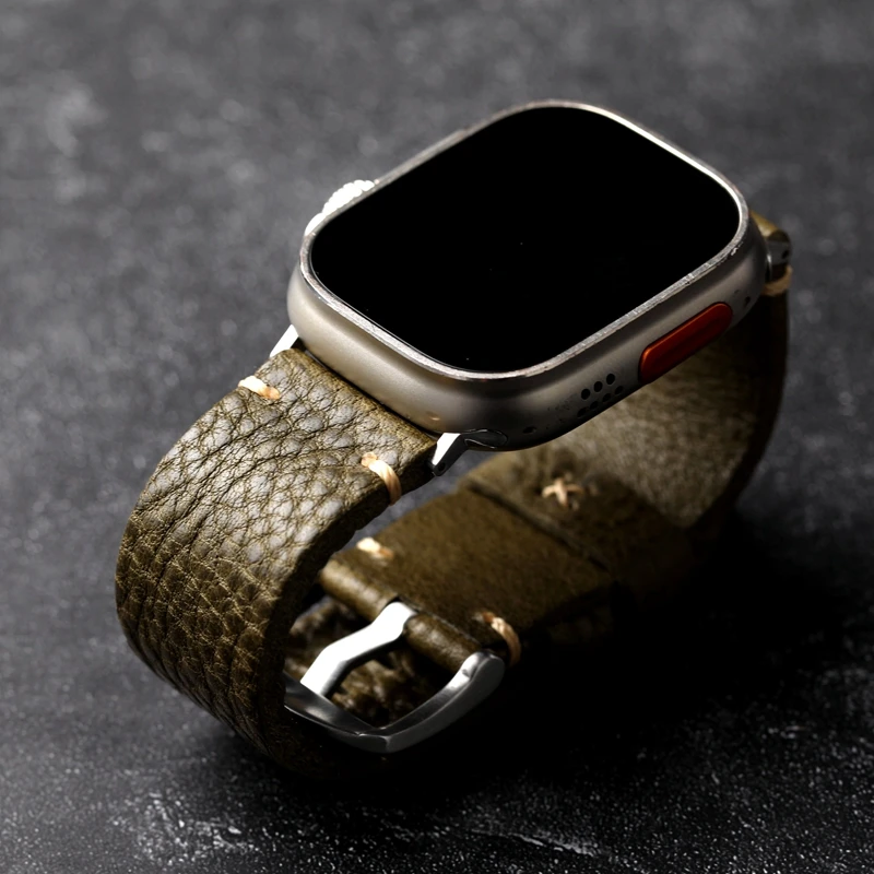 Мек каишка от телешка кожа ръчно изработени, за да iwatch Apple Watch S8 с 45 мм на 49 мм 44 мм, зелени мъжки гривни Vintag