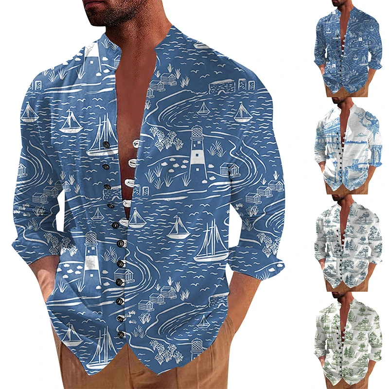 Ретро Риза Мъжка мода С 3D принтом, риза с висока яка с дълъг ръкав, Модерни ежедневни капаци, високо качество на Домашни кофточки