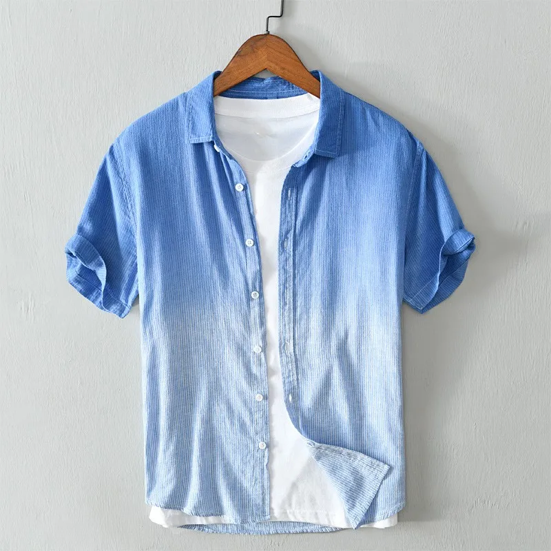 Летни мъжки памучни ленени ризи наклон цвят, дишащи мъжки ежедневни ризи с копчета и къс ръкав, блузи с яка-часова