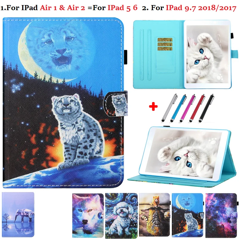За iPad 9.7 Калъф-поставка за чантата си Funda За iPad 9.7 2018 Case 2017 Wolf Тигър Flower Case Capa Air 1 Air 2 Tablet Pen на Корпуса
