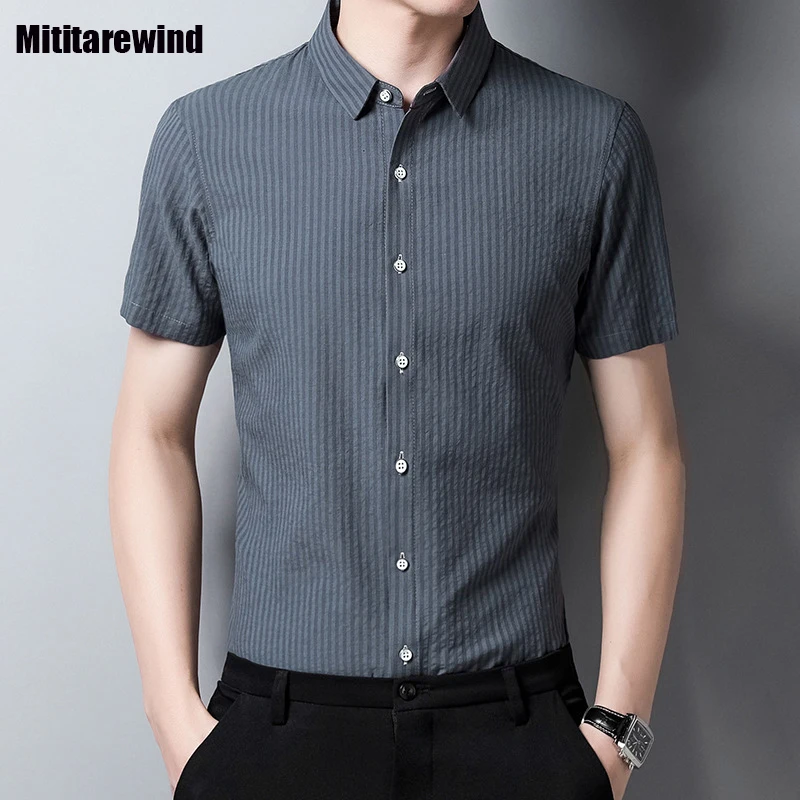 Летни Бизнес Ежедневни Блузи за Мъже от 100% Памук С Тънки Къси Ръкави, Раирана Риза с Копчета 2024, Модни Удобни Мъжки Дрехи