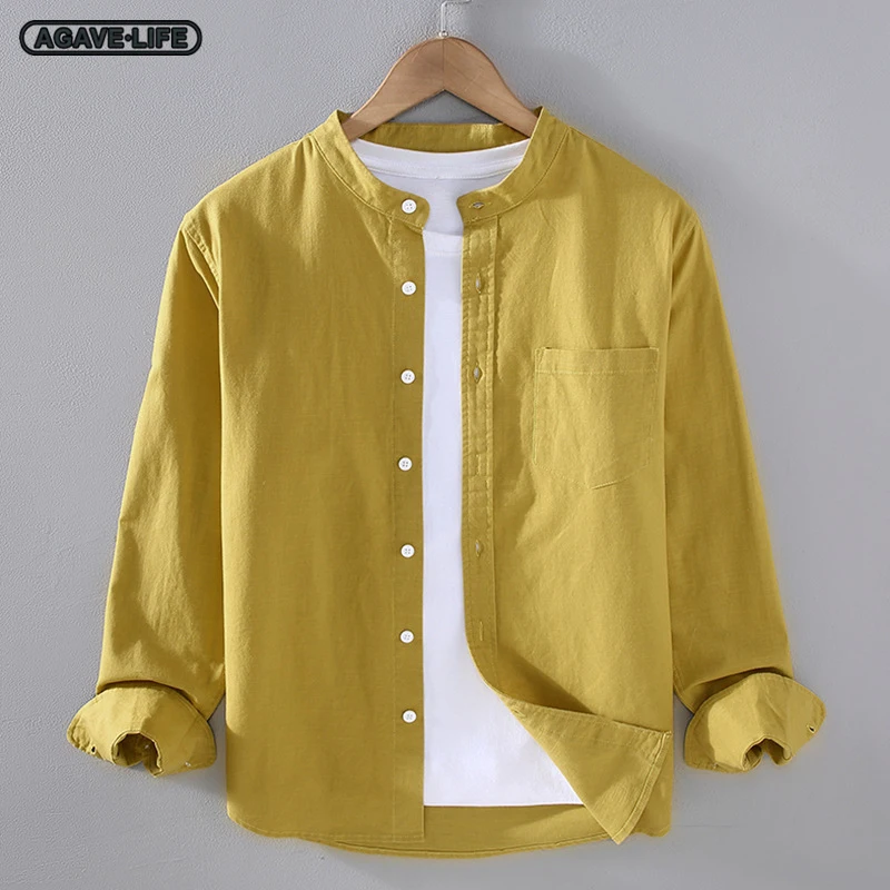 Пролетно-есенни памук, ленени ризи, мъжки ризи с дълъг ръкав В китайски стил, яка-часова, джоб, Просто удобно бельо риза, ежедневното палто