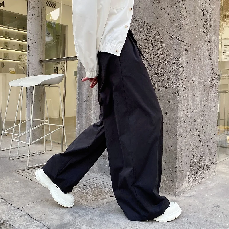 Пролет 2022, корейски стил, персонализирано дизайн с рюшами, широки панталони, мъжки ежедневни свободни черни широки панталони за мъже, панталони