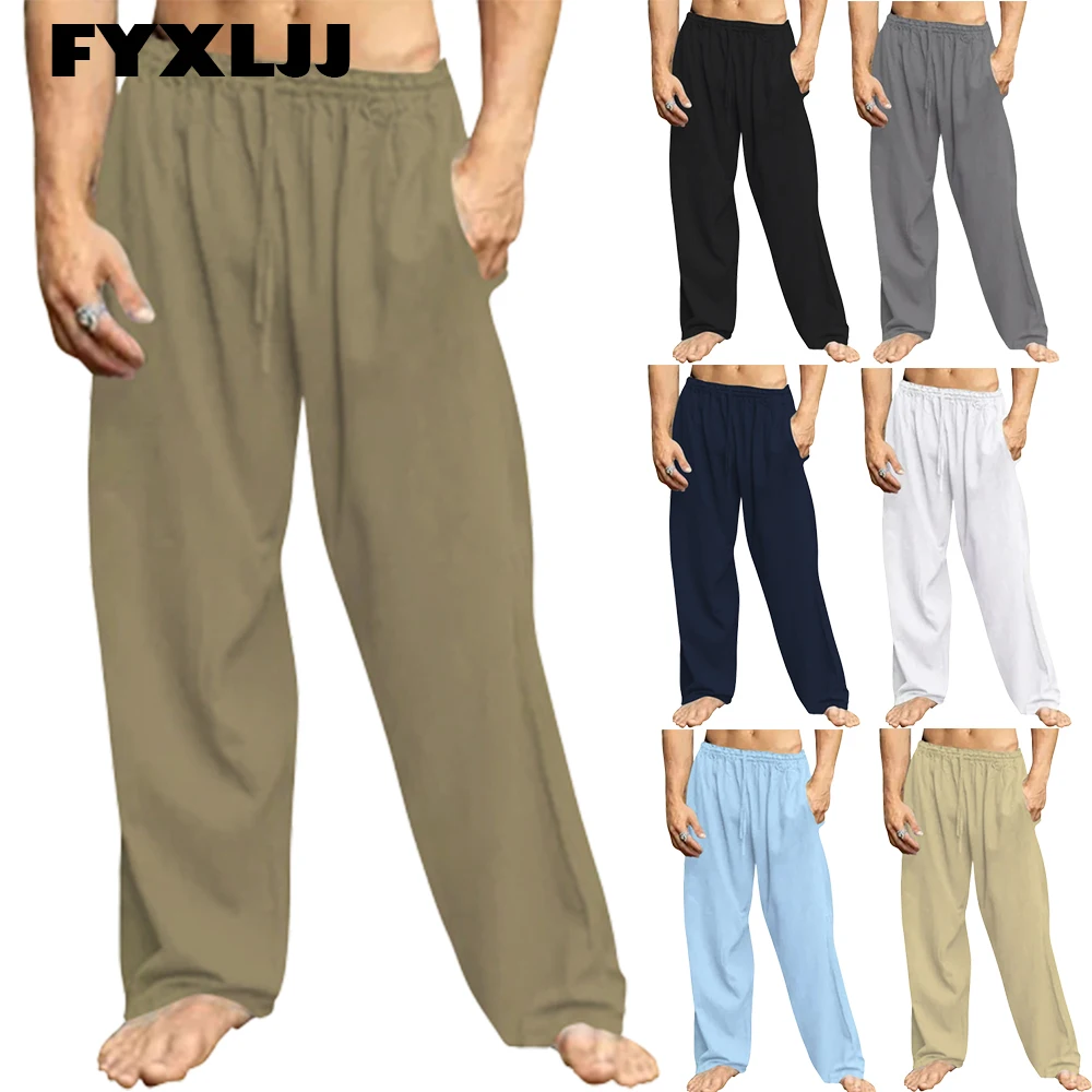 FYXLJJ Мъжки Свободни Обикновена Широки Памучни Ленени Панталони, Меки и Дълги Панталони Мъжки Ленени Панталони Летни Ежедневни Дишащи Панталони 5XL