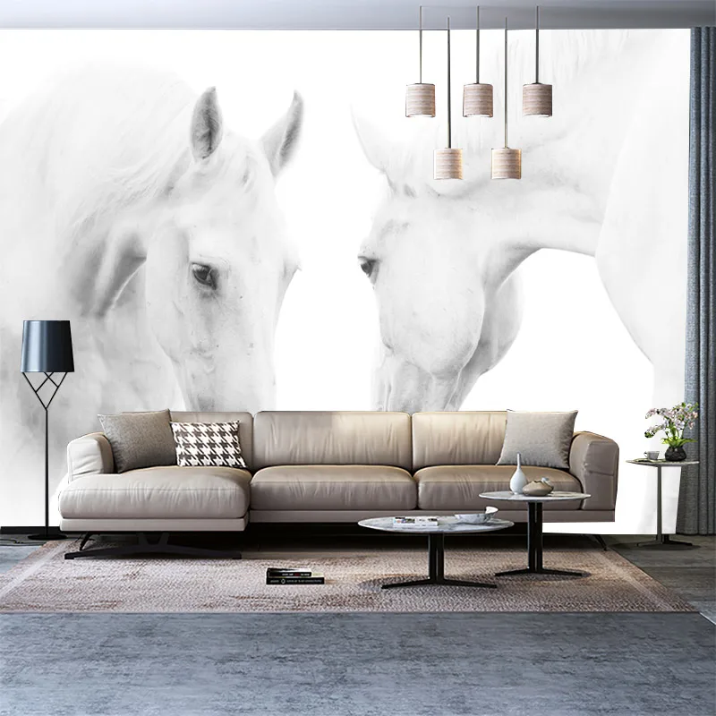 Потребителски 3D фотообои дневна спалня стенни живопис скандинавски модерна двойка бял кон монтиране на украса стенопис