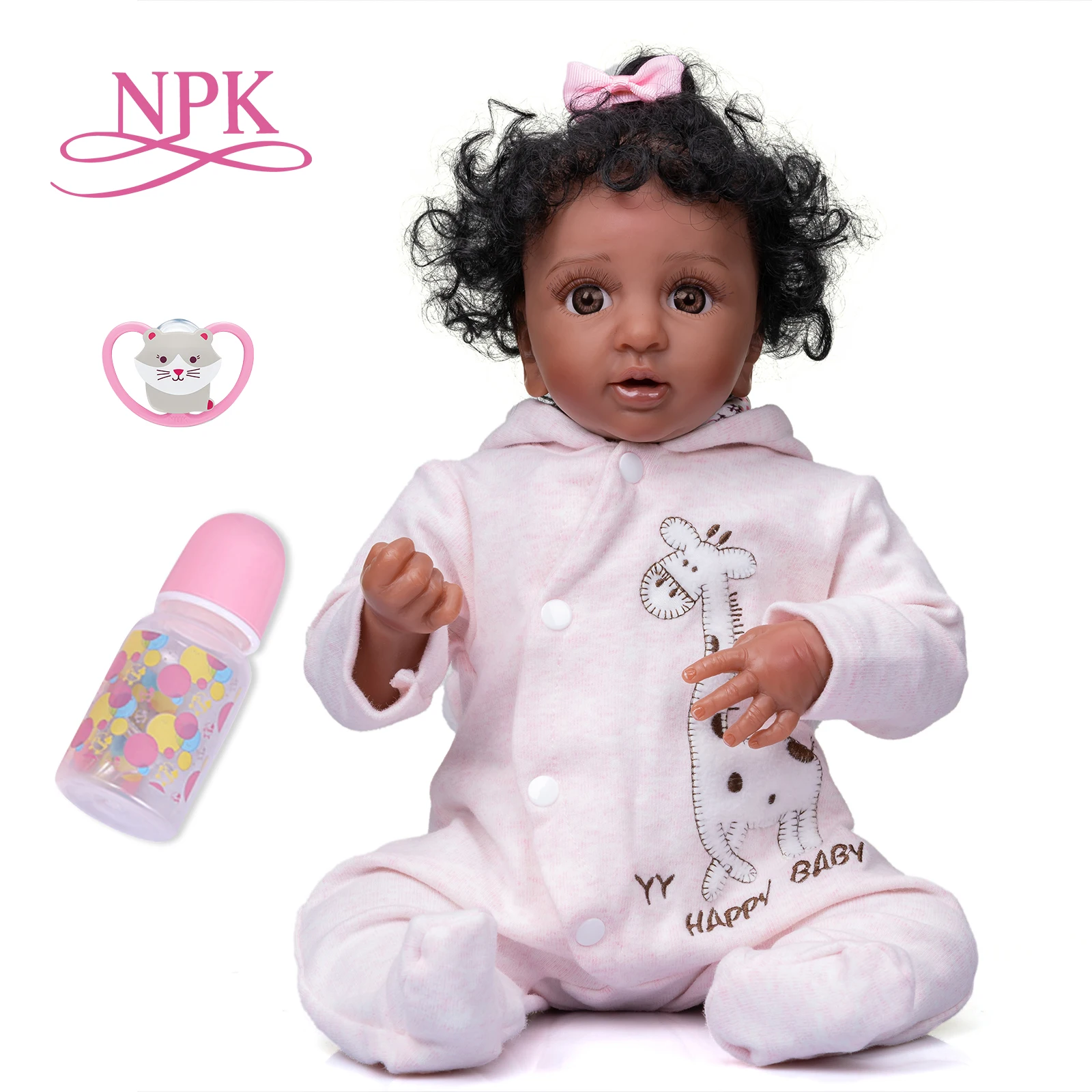 NPK 43 СМ Размер на Ели Premie Reborn Baby Doll с Тъмно Кафява Кожа и Черна Къдрава Коса, Реалистична Кукла Premie Baby Високо качество
