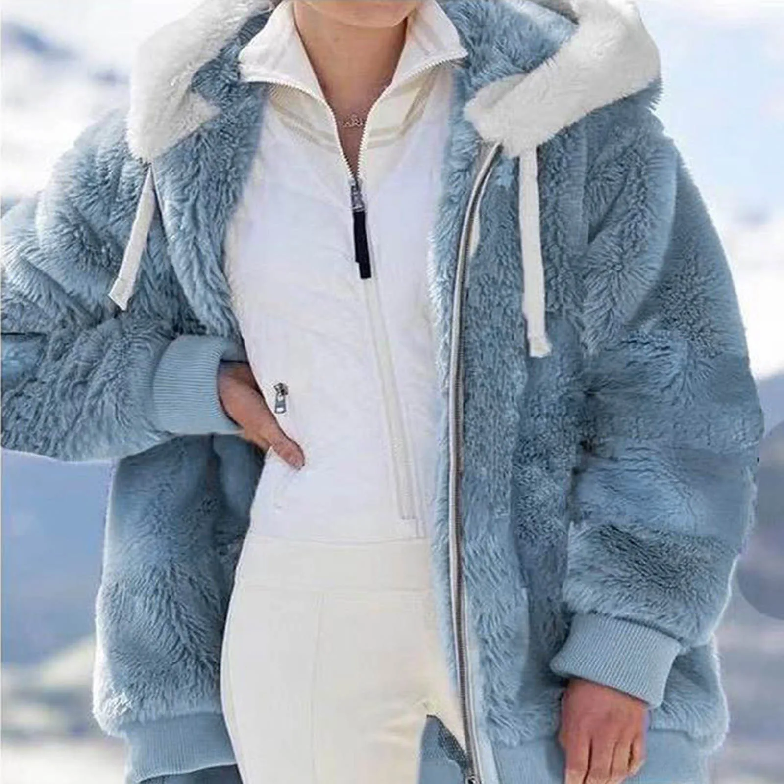 Зимно дамско яке Bigh, однотонная яке с качулка и джоб с цип, меховое дамско палто, дебело и топло дамски връхни дрехи голям размер