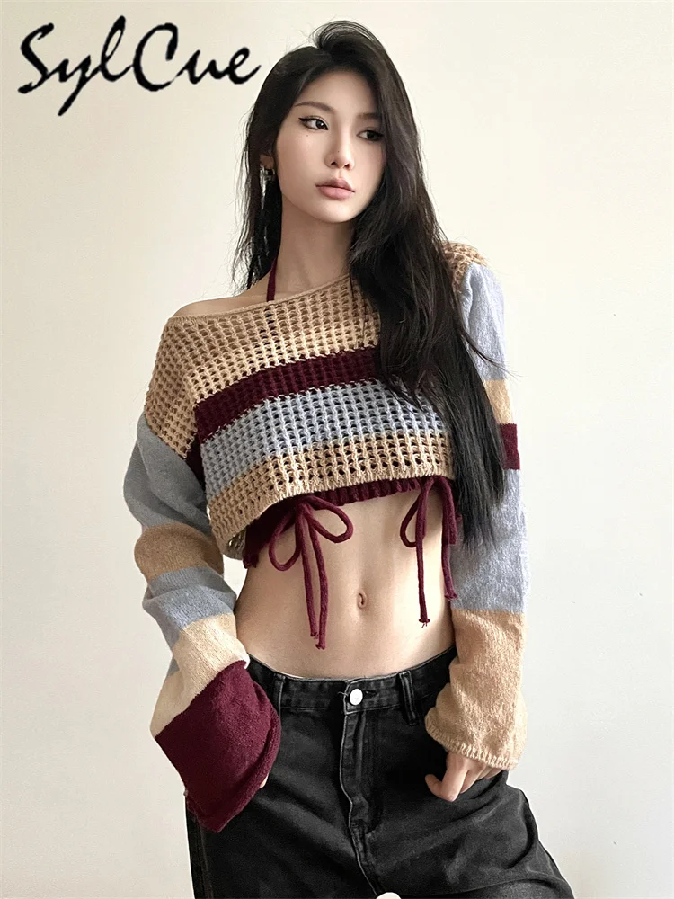 Sylcue Цветен Модерен персонализирани универсален Свободен случайни Секси зрял Красив Сладък женски есенен пуловер от две части