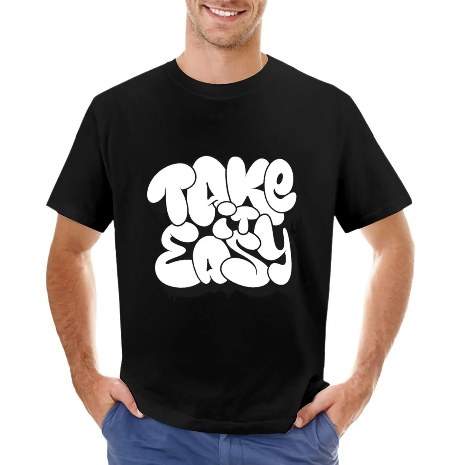 Лозунгът Take it easy, тениска с графити под формата на мехур, тениски за спортните фенове, тениски с графики, спортни ризи, мъжки
