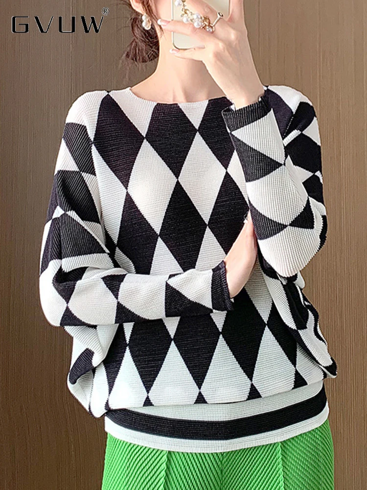 GVUW Плиссированная Дамски Модни тениска С геометричен Кръгло деколте И Ръкав 