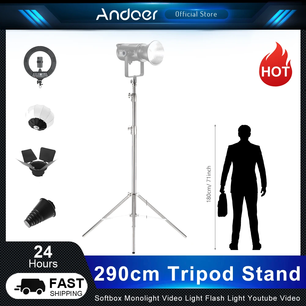 Штативная Поставка Andoer 290 см За Заснемането Тежкотоварни Светлинна Поставка за Студийно Софтбокса Monolight Video Light Flash Youtube Video Light