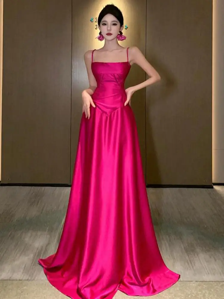 Лятна Розово-червена Елегантна Дамска превръзка от неопрен за спагети презрамки, Дълга рокля, секси Винтажное рокля за бала, Модерни рокли за партита, Vestidos Robe New