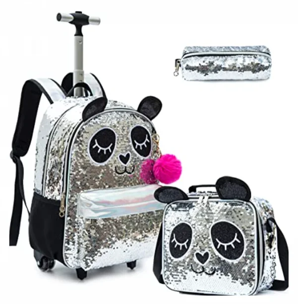 Училищен раница на колела, раница-количка с пайети, чанта за обяд, чанта за писалки, училищен раница на колела за момичета