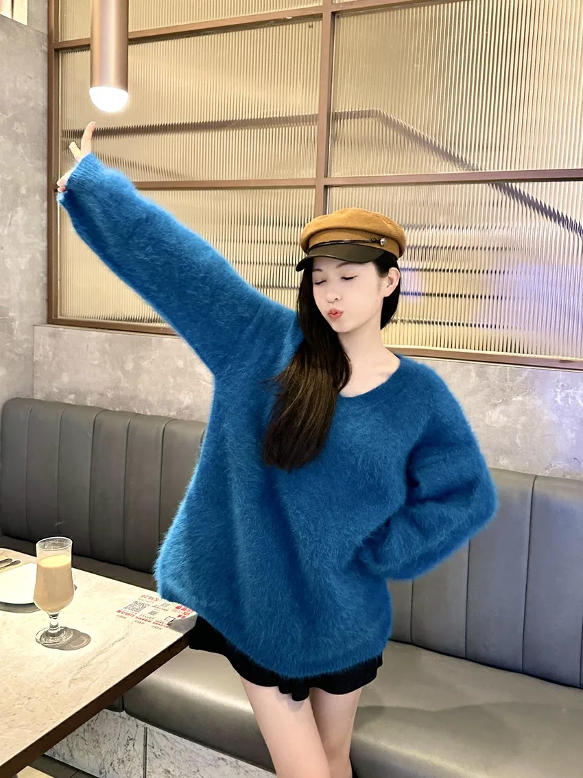 Индивидуален цвят Норковый вълнен пуловер Пуловер средна дължина на Свободен Пуловер с голямо V-образно деколте Вязаное палто Безплатна доставка JZ237