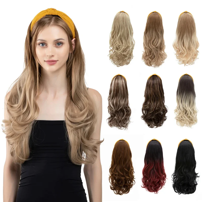 Синтетичен Дълги Вълнообразни перука с превръзка на главата, женски Омбре, кафяв, Черен, блондинистый, cosplay, Естествен Огнеупорни перука на половината коса за жени