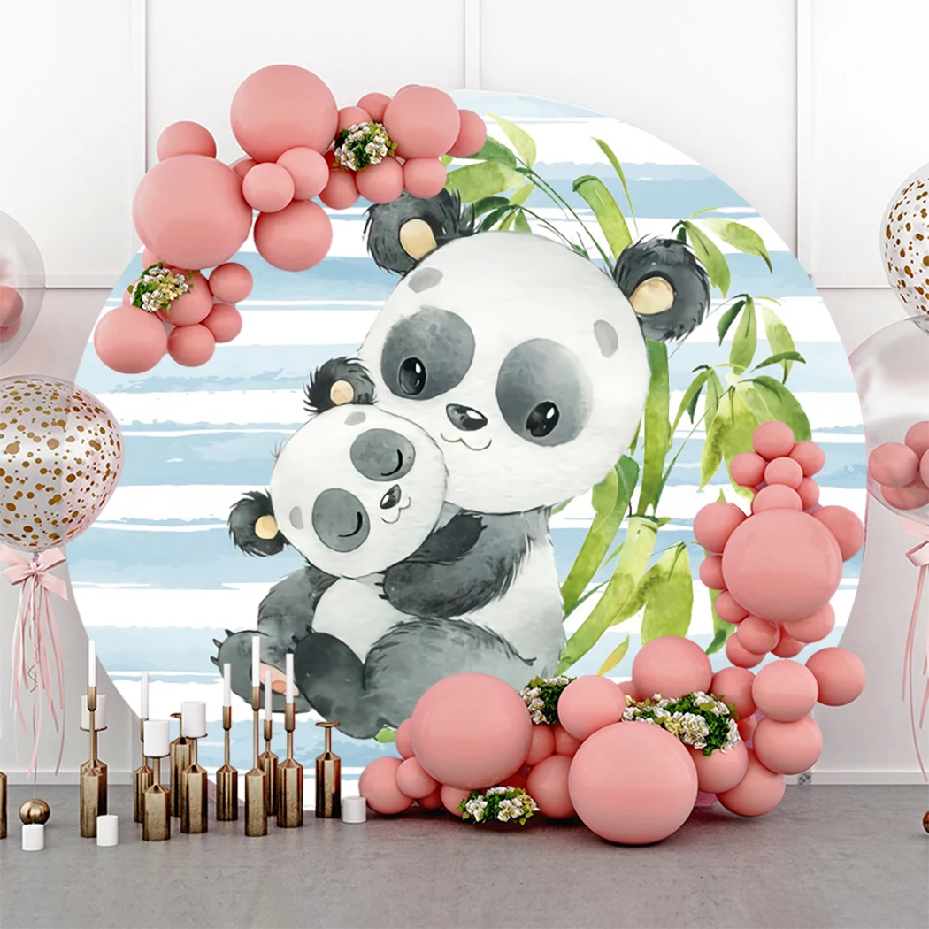 През цялата снимков фон с изображение на анимационни панда в синята ивица, детски портрет за рождения Ден, Индивидуални кръгли фонове за фотосесии
