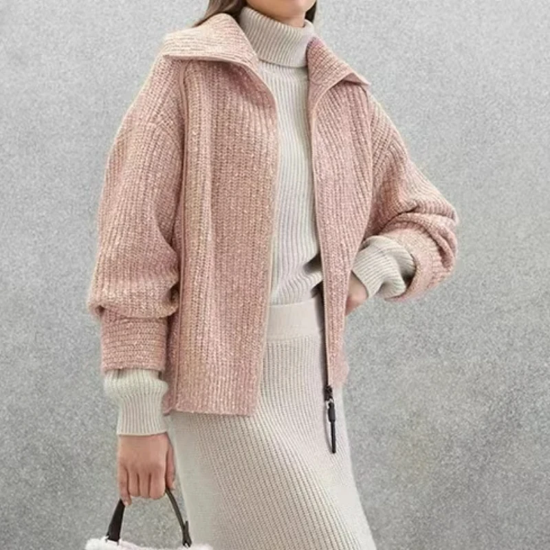 Есенно-зимния пуловер с дебел ревера, двоен цип, дълъг ръкав, свободно ежедневното палто, жилетка за жени