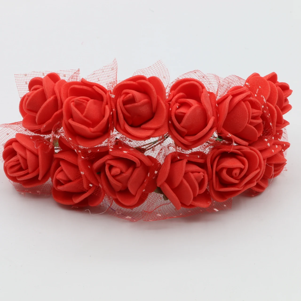 Червена 12шт 2 см Изкуствена мини роза от стиропор с мрежесто букет, Многоцветное Сватбена Украса за дома, рожден Ден, Венец от изкуствени цветя