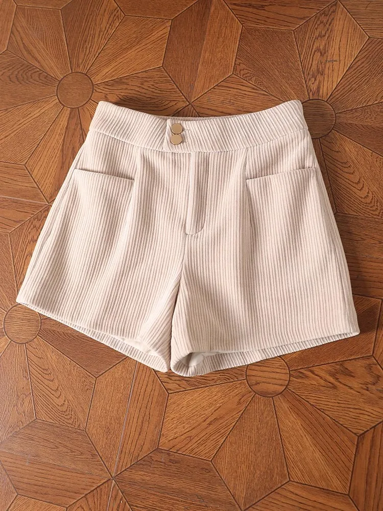 Дамски къси обикновена шорти на лигавицата с плоски джобове от гладко и удобно кадифе 2023 г., есенно-зимни панталони Fahion, новост