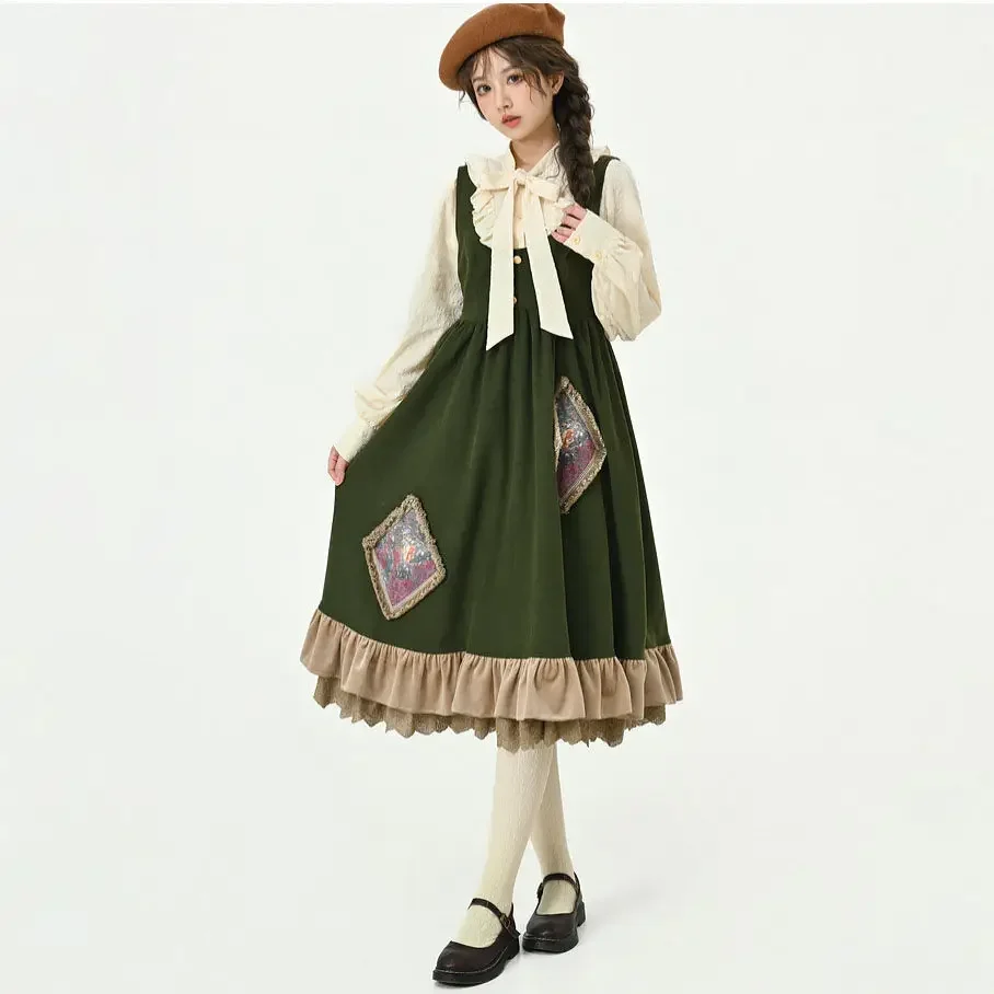 Есенно-зимния френски дълъг женски комплект, сладка рокля Mori Момиче в селска винтидж стил с къдри по раменете и риза с дълъг ръкав