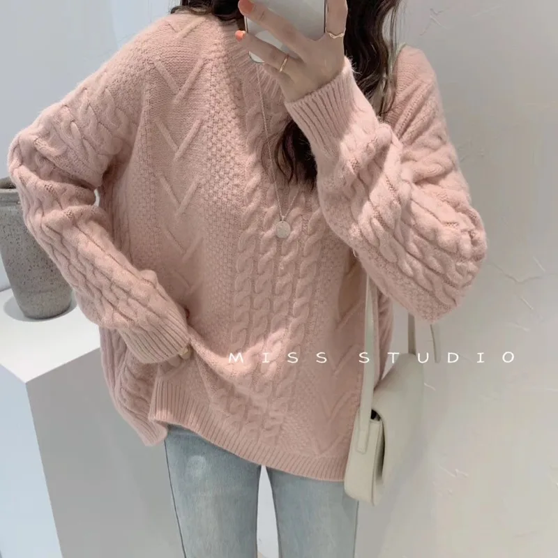 2023 Есен Зима, Сладки Ежедневни Розови Пуловери Y2K с дълъг ръкав, дамски Обикновен Пуловер с кръгло деколте, Корейски модерен пуловер