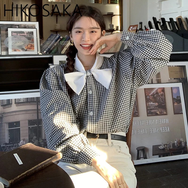 Корейски Луксозни Ризи с яка-ботуш и хубав лък, Реколта блузи в клетка в контрастен цвят, Свободни Ежедневни тениски Однобортные