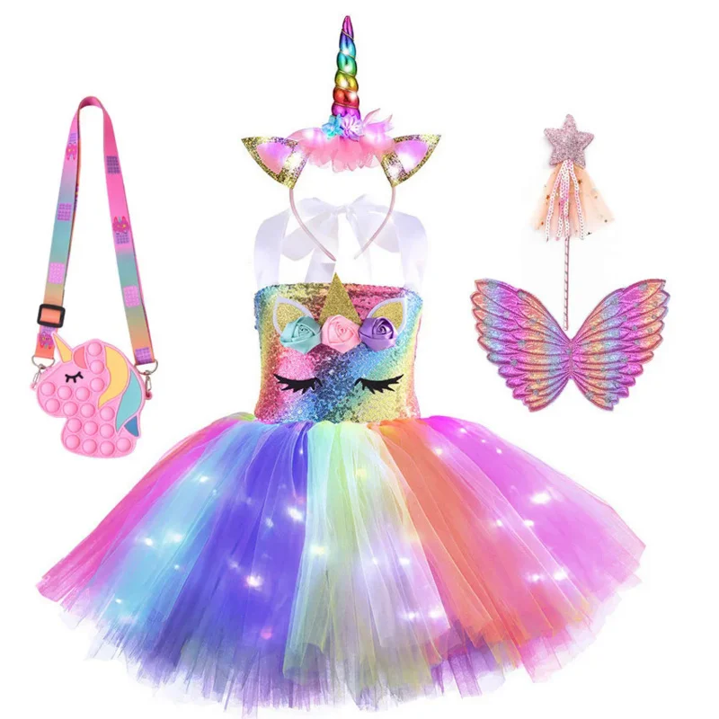 Костюм на еднорога за момичета на Пурим е с led подсветка, рокля-пакетче с крила, пайети, детски гащеризон за cosplay пони като подарък за рожден ден