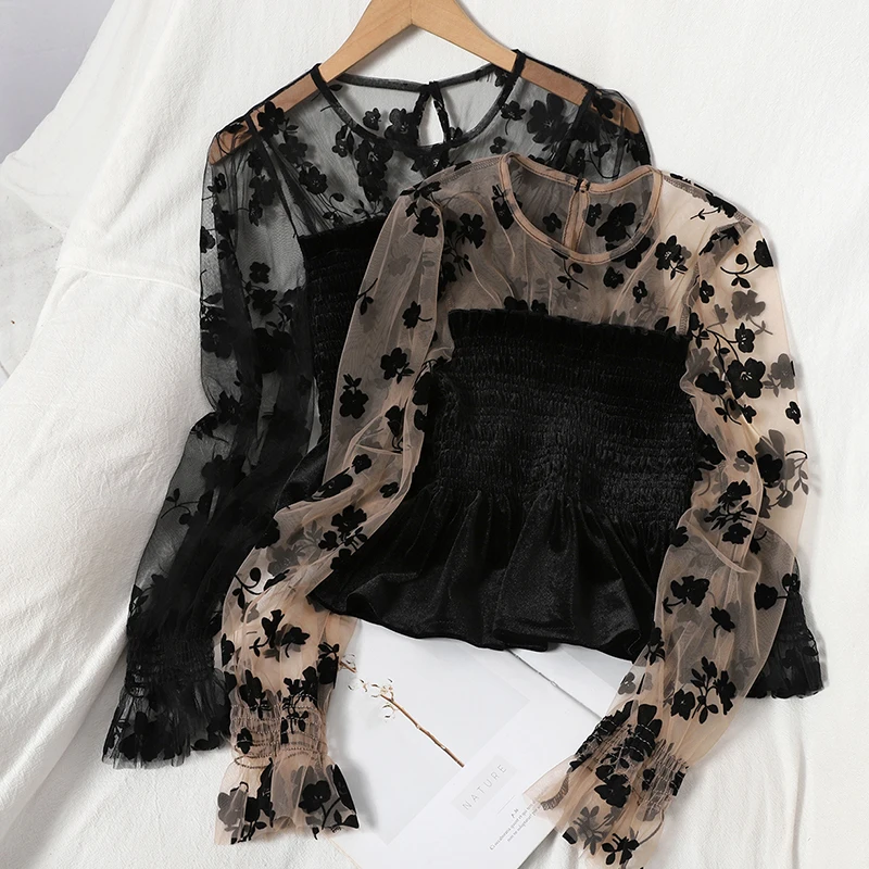 2021 Дамски ризи с принтом, Модни Кадифе Корейски Модни Реколта Есенно-зимни Секси Мрежести Блузи в стил Мозайка с дълъг ръкав и кръгло деколте, Върхове