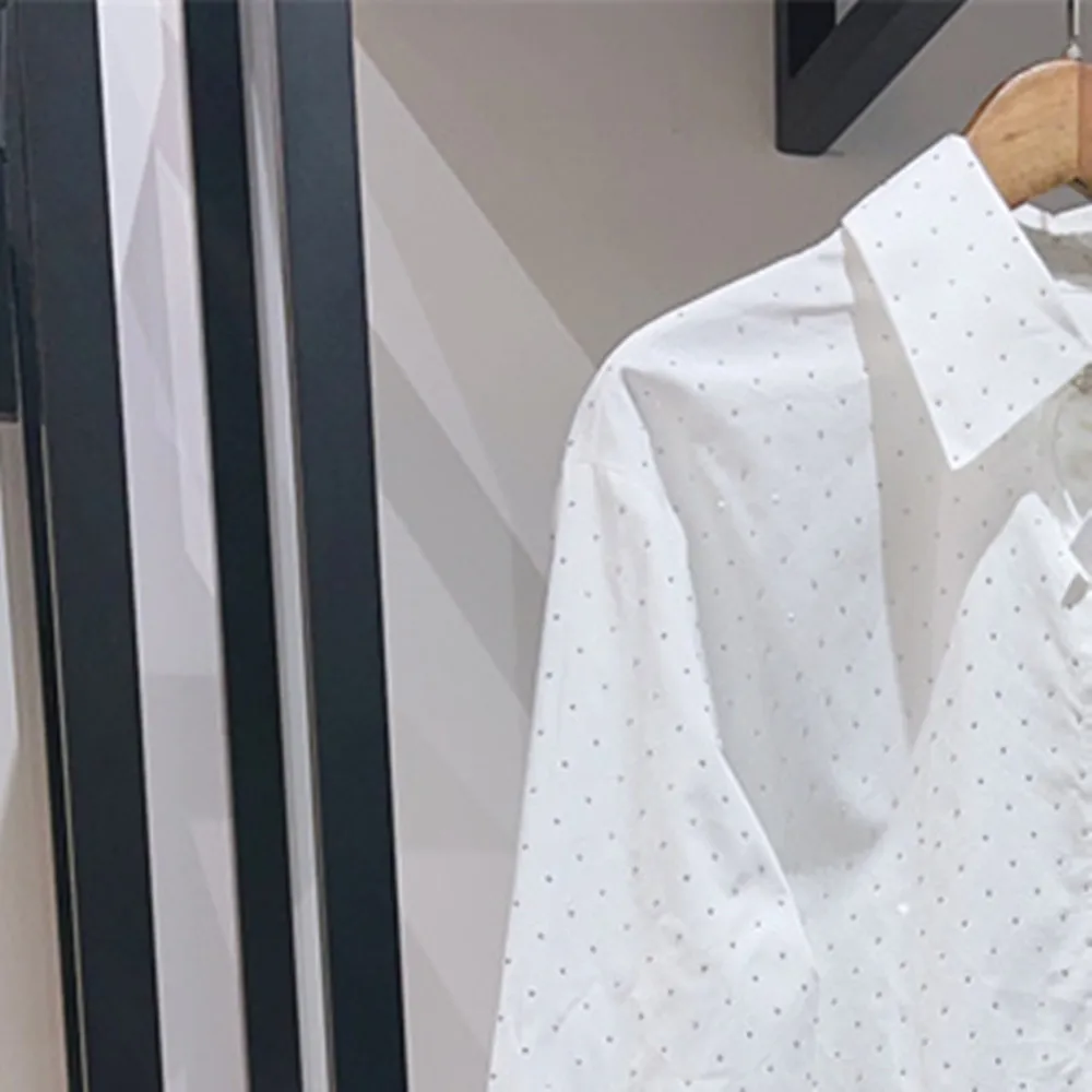 Дамска блуза с отложным яка и диаманти от 100% памук, проста, с дълъг ръкав, пролетно новост 2023, женски однобортные ризи-блузи