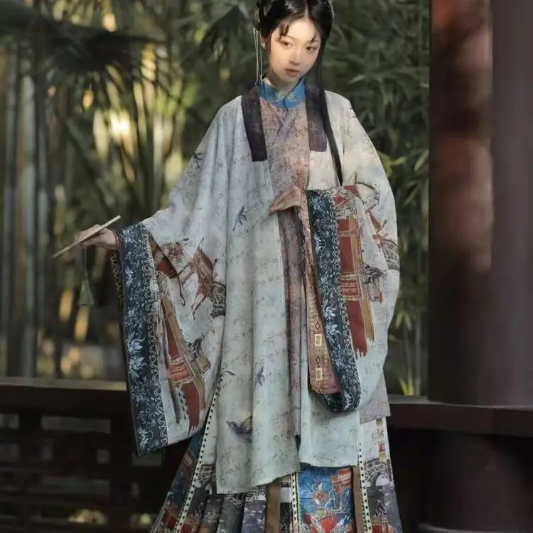 Жена дъждобран Hanfu Half City Yansaming, дълга риза с яка-часова, пола-понита, есенно-зимния женския национален костюм от три елемента